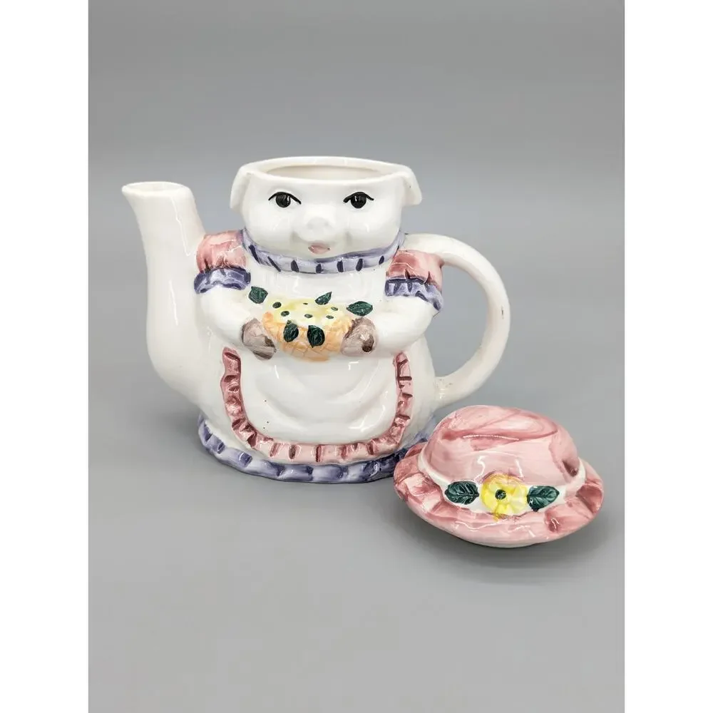 Anthropomorphic Ceramic Painted Pig & Flowers Tea Pot 6.5